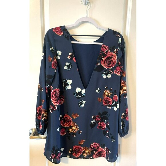 Blue Floral Dress F21 S long sleeve v back open lined pink rose NWOT - Picture 2 of 4